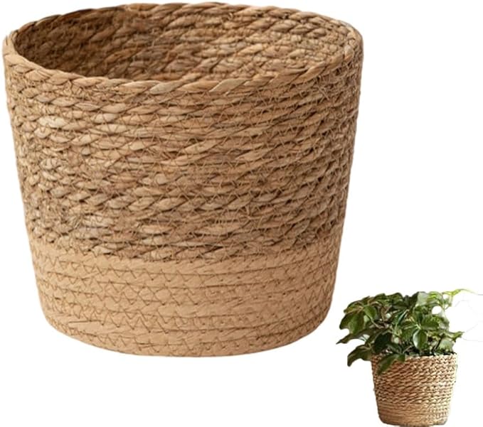 Woven Flower Pot Basket, Seagrass Storage Organizer Planter, Rustic Decorative Plant Containers Cover Laundry Bin for Porch Living Room Entryway (Khaki, 6.9Inch)