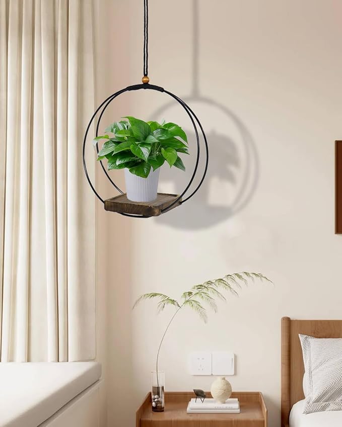 vensovo Hanging Planter for Indoor Plants - 1 pcs Plant Hanger Indoor with Metal Ring and Sturdy Wood Base, Boho Hanging Planter for Wall/Window/Room Decor