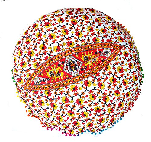 Rastogi Handicrafts 32" COR Mandala Floor Pillow Cushion Seating Throw Cover Bohemian Ottoman Poufs, Pom Pom Pillow Cases,Boho Indian (Orange) - color: Orange