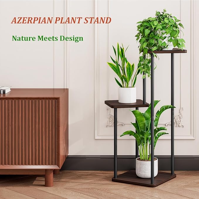 AZERPIAN 3 Tier Plant Stand Indoor Metal Plant Shelf for Multiple Plants Corner Flower Holders for Living Room Balcony Bedroom Patio Garden, Black (Black Oak, 3 tier)