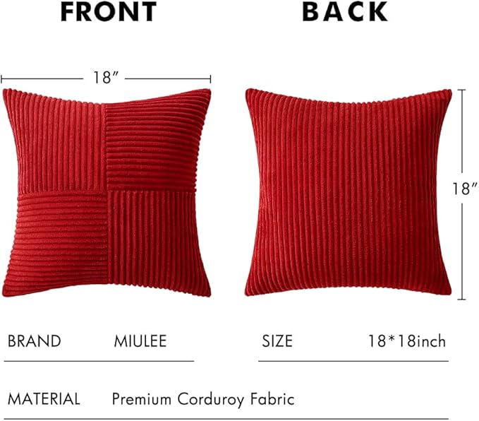 MIULEE Christmas Red Decorative Throw Pillow Covers 18x18 Inch for Couch Bed Sofa Pack of 2 Boho Farmhouse Throw Pillows Soft Cross Corduroy Patchwork Textured Cushion Cases