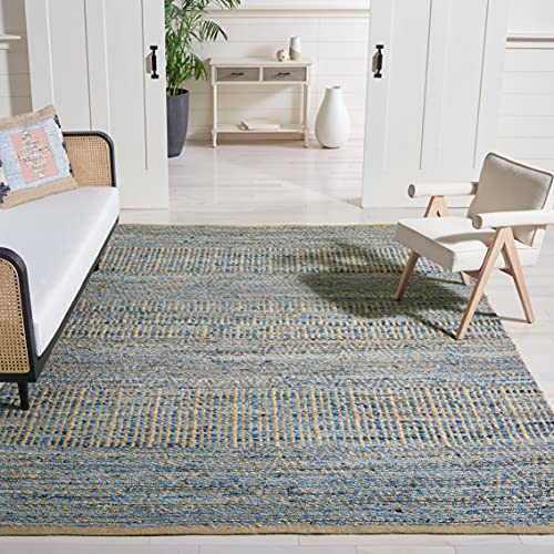 SAFAVIEH Cape Cod Collection Area Rug - 9' x 12', Natural & Blue, Handmade Flat Weave Coastal Braided Jute, Ideal for High Traffic Areas in Living Room, Bedroom (CAP353A) - size: 9' x 12' (Rectangular)