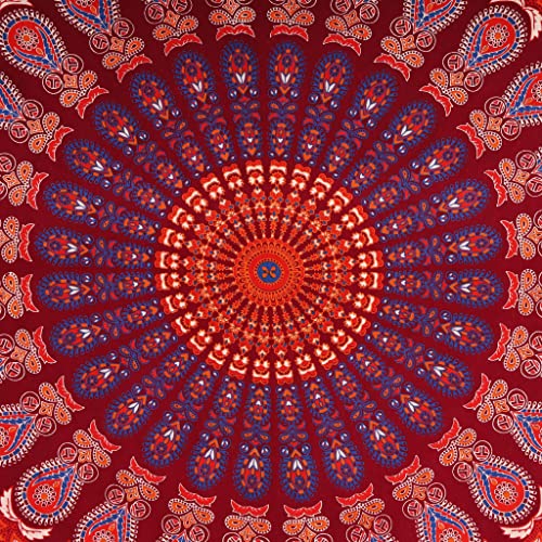 Bless International Handmade Indian hippie Bohemian Psychedelic Peacock Mandala Wall hanging College Dorm Beach Throws Table Cloth Bedding Tapestry (Blue Red, Queen(84x90Inches)(215x230Cms)) - color: Blue Red, size: 90"L x 84"W