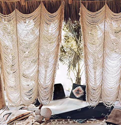 Macrame Curtain Boho Curtain Doorway Window Wall Decor Fiber Yarn Art Craftsmanship Bedroom Headboard Décor,59" W x 75" H(1 Panel) - color: Ivory