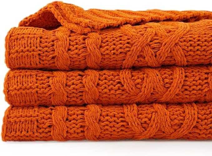 Battilo Burnt Orange Throw Blanket for Couch, 51" x 67", Soft Warm Cozy Chenille Knit Blanket Boho Halloween Blanket Fall Decor, Fall Throw Blanket for Bed, Sofa, Living Room