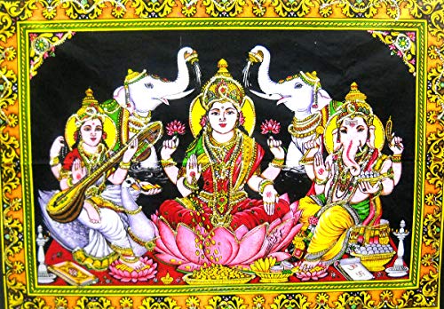 Lakshmi Ganesha Saraswati Batik Cotton Wall Hanging Sequins Painting : Size 43"x30" Inches - color: Lakshmi Ganesha Saraswati - Diwali Pujan