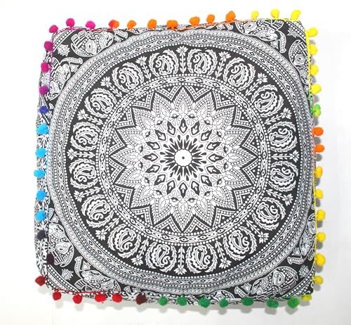 INDIAN CRAFT CASTLE Mandala Mandala Barmeri Large Floor Pillow Cover Cushion Meditation Seating Ottoman Throw Cover Hippie Decorative Zipped Bohemian Pouf Ottoman Cases (Black and White, 16" Square) - color: Black and White, size: 16"D x 16"W x 5"H