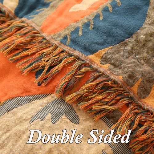 Snycler Boho Throw Blanket for Bed, 100% Organic Cotton Muslin Soft Throw-Orange Boho Floral Farmhouse Rustic Spring Summer Fall Decor Blanket for Couch Sofa Quilt and Gift, 60" x 80" - color: Orange Boho Floral, size: 60"x80"