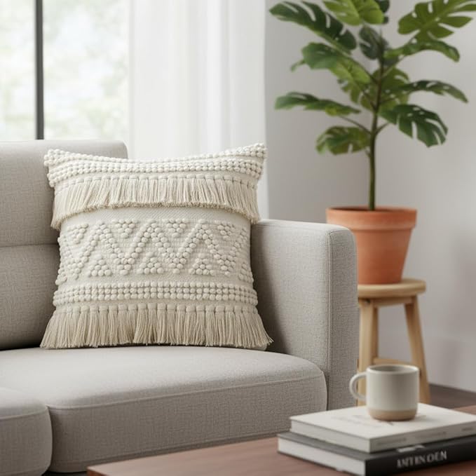 REDEARTH · Boho Textured Throw Pillow Cushion Covers - Woven Tufted Decorative Farmhouse Cases Set for Couch - Bed - Chair - Dining - Patio - Outdoor - 100% Cotton (18"x18" - Natural) Pack of 2