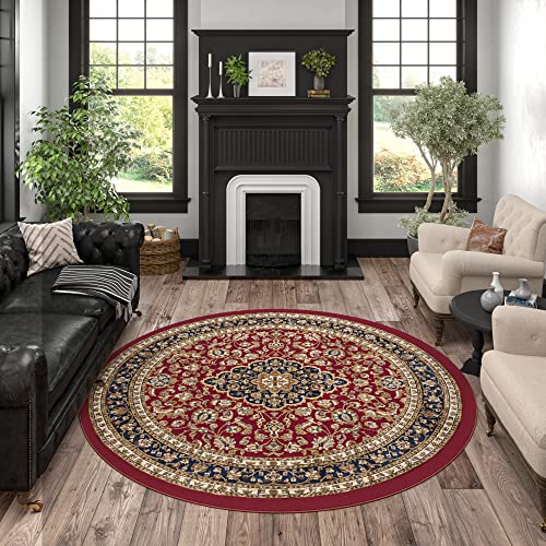 6ft Round Indoor Area Rug for Living Room, Dining Room, Bedroom, Entryway | Alfombras para Salas | Traditional, Oriental | Red 5'3'' Round - color: Red - Kirsten, size: 5'3" (Round)