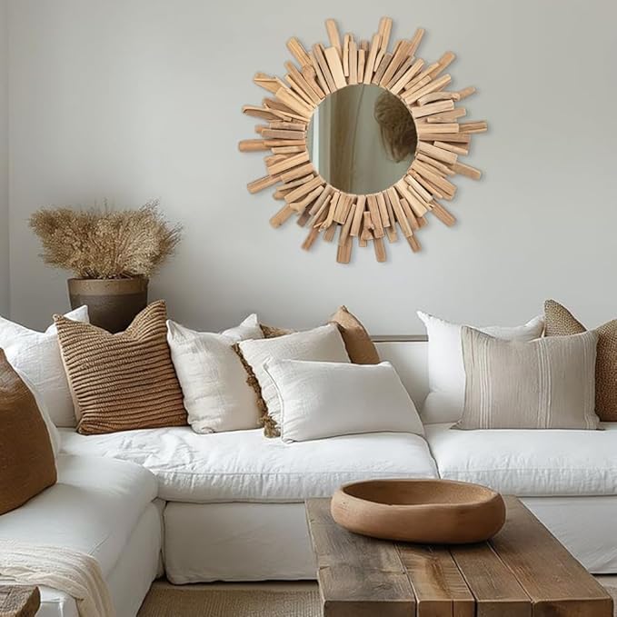 Rustic Driftwood Round Wall Mirror – Large Natural Wooden Frame Decorative Mirror for Farmhouse Coastal Boho Home Décor – 23" Sizes for Bathroom, Living Room, or Entryway