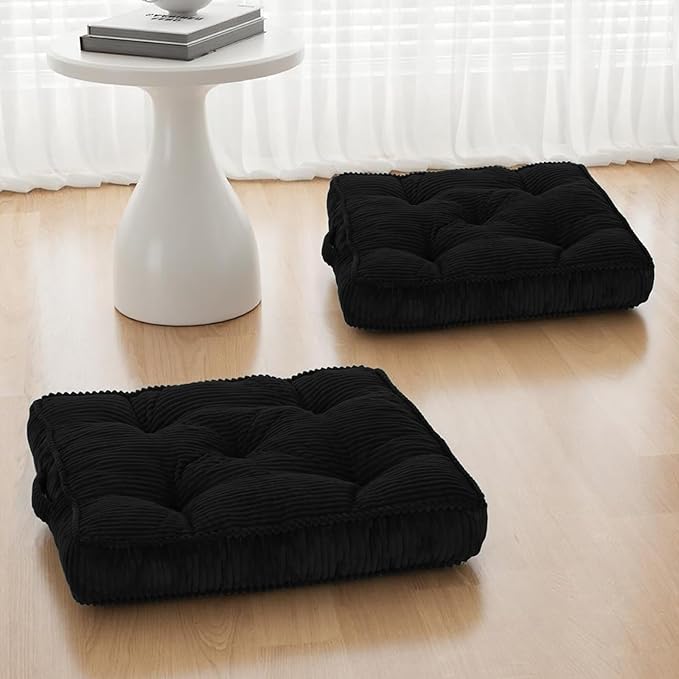 Floor Pillow Set of 2, 24x24 Tufted Floor Cushion for Adults, Square Large Meditation Cushion Pillow, Black Corduroy Sitting Pillow with Handle, Yoga Seating for Tatami