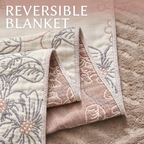 JINCHAN Boho Floral 100% Cotton Blanket 4-Layer Throw Blanket with Tassel Taupe and White Flower Butterfly Soft Luxury Rustic Farmhouse Decor Blanket for Couch Bed 80x90 inch All Season gift for women - color: Butterfly Taupe and White, size: 80"x90"