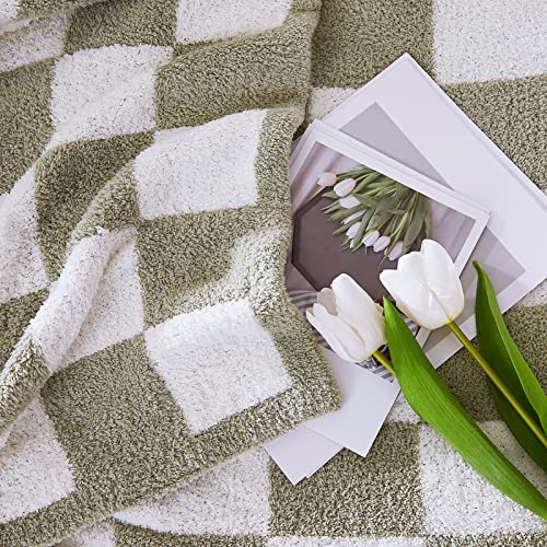 WRENSONGE Checkered Throw Blanket, Sage Green Soft Cozy Fluffy Warm Hand Made Throw Blankets for Couch, Sofa, Chair, Bed, Camping, Picnic, Travel Lightweight Bed Blanket - 90"*108" - color: Aloe Sage, size: King(90"x108")