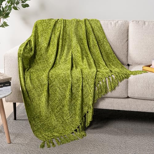 PAVILIA Olive Green Blanket for Couch, Twin Size Bed, Chenille Throw for Sofa Bed, Soft Knit Woven Blanket with Decorative Tassel for Living Room, Olive Green Twin 60x80 - color: Olive, size: 60 X 80 Inches - Twin