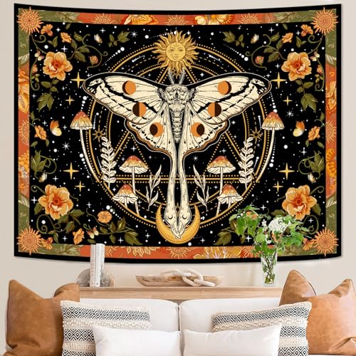 Aipon Orange Moth Tapestry Boho Retro Floral Flowers Tapestries Aesthetic Vintage Mushroom Tapestries for Bedroom Indie Sun Moon Tapestry Wall Hanging for Living Room Dorm (90'' × 68'') - color: Orange1, size: 90"L x 68"W