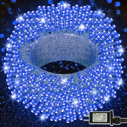 LJLNION 300 LED String Lights Outdoor Indoor, Extra Long 98.5FT Super Bright Christmas Lights, 8 Lighting Modes, Plug in Waterproof Fairy Lights for Holiday Wedding Party Bedroom Decorations (Blue) - color: Blue