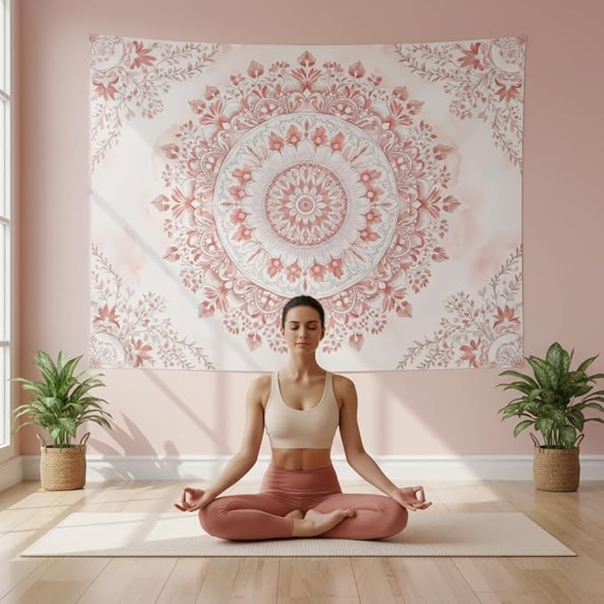 Accnicc Pink Floral Mandala Tapestry Wall Hanging Boho Medallion Tapestry Aesthetic Watercolor Flower Cute Small Tapestries for Bedroom Living Room Dorm Decor 48 x 36 Inch