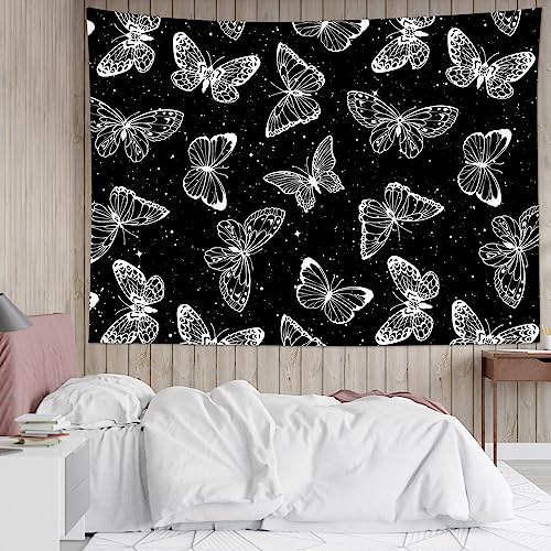HVEST Butterfly on Galaxy Space Tapestry for Bedroom, Black and White Starry Sky Wall Hanging for Living Room Dorm Party Decor, 36L X 48W Inches - color: Black, size: 36"L x 48"W