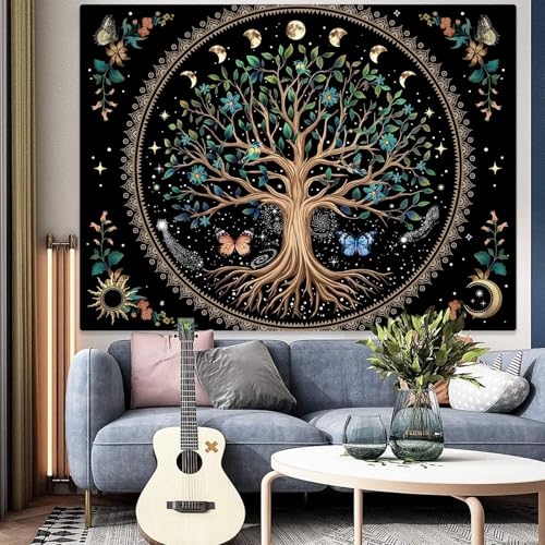 Lunerfex Tree of Life Tapastry Sun and Moon Tapastry Flower Boho Tree Mandala Wall Hanging for Bedroom and Living Room Decor Green Tree 44×60 Inches - color: Light Green, size: 60"L x 44"W