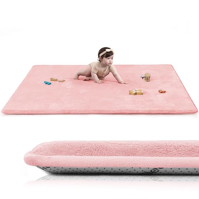 Baby Play Mat for Floor,50"×65" Playpen Mat for Toddler,Infant,Kids,1.3" Thick Elasti Foam Non-Slip Nursery Rug,Water Repellent Soft Padded Floor Mats for Tummy Time,Crawling(Pink)