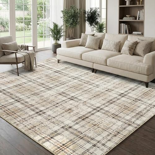 Garvee Washable Entryway Rug 4x6 Area Rugs Non Slip Living Room Area Rug Tartan Plaid Beige Nursery Rug Soft Non Shedding Low Pile Stain Resistant Carpet for Playroom Bedroom Front Door, Beige - color: Plaid|beige, size: 4' x 6' (Rectangular)