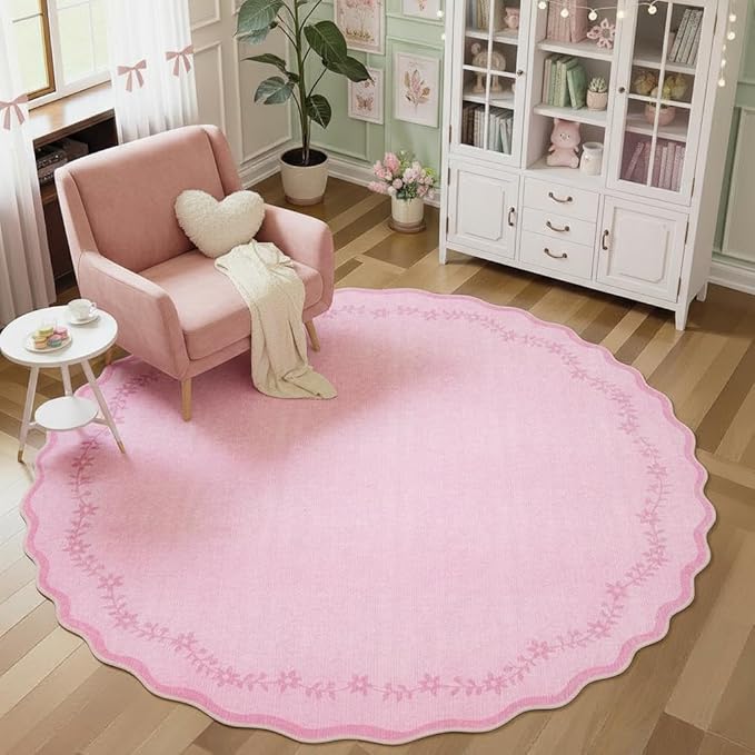 GarveeHome Round Area Rugs 6ft for Bedroom, Solid Pink Washable Circle Rug Soft Non Slip Floral Print Floor Mat Leaves Carpet Indoor Thin Rug for Living Room Dining Room Playroom Nursery