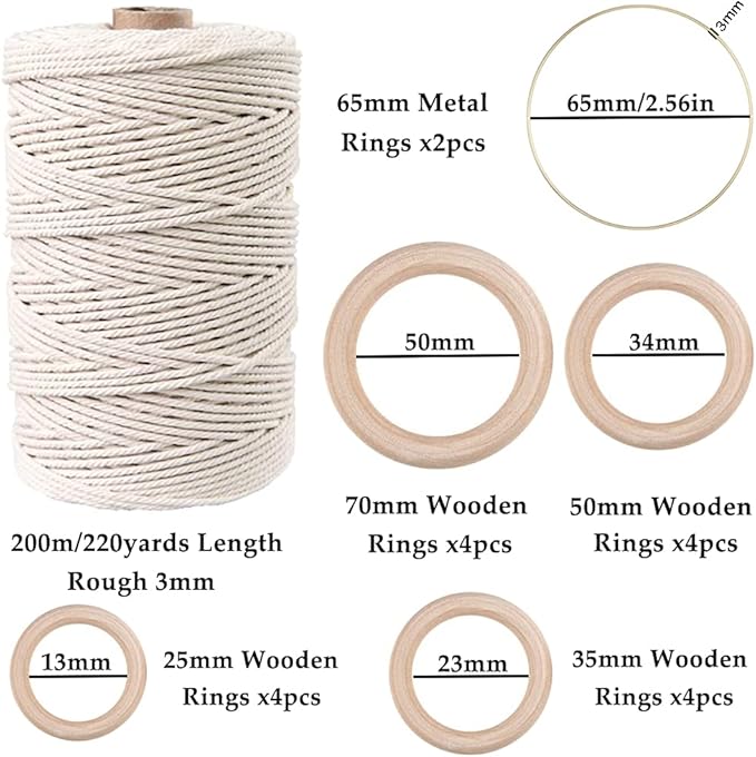 169pcs Macrame Kits for Beginners 3mm x 220yards Natural Cotton Macrame Cord Wall Hanging Kit, Best Macrame Supplies for Macrame Plant Hanger with Wooden Beads,Wooden Rings,Wooden Sticks,S Hooks