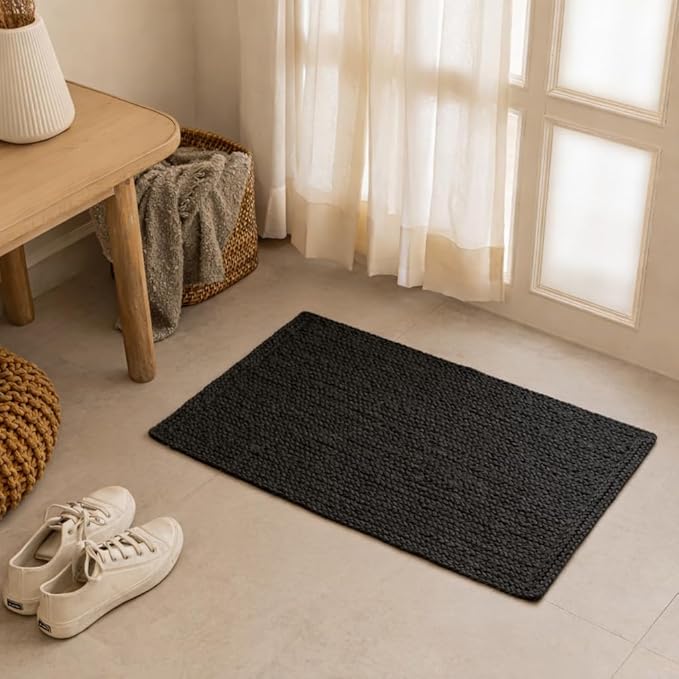 HOMEMONDE Handcrafted Woven Rectangle Jute Rug - Rustic Vintage Braided Reversible - Farmhouse Indoor Floor - Eco Friendly for Kitchen/Hallway/Living Room/Bedroom (Black, 2.3'x4'')