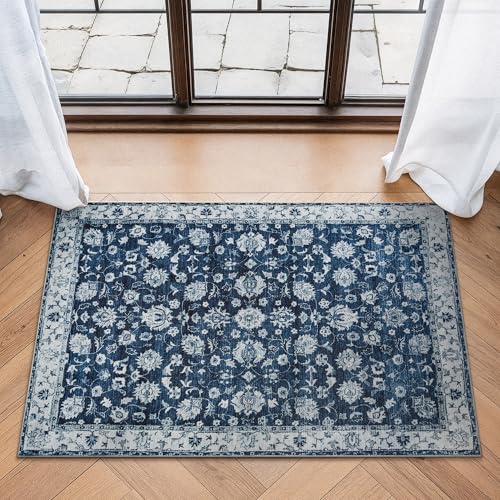 Bloom Rugs Washable Non-Slip 2' x 3' Rug - Dark Blue Traditional Bordered Area Rug for Living Room, Bedroom, Dining Room, and Kitchen - Exact Size: 2' x 3' - color: Dark Blue, size: 2' x 3' (Rectangular)