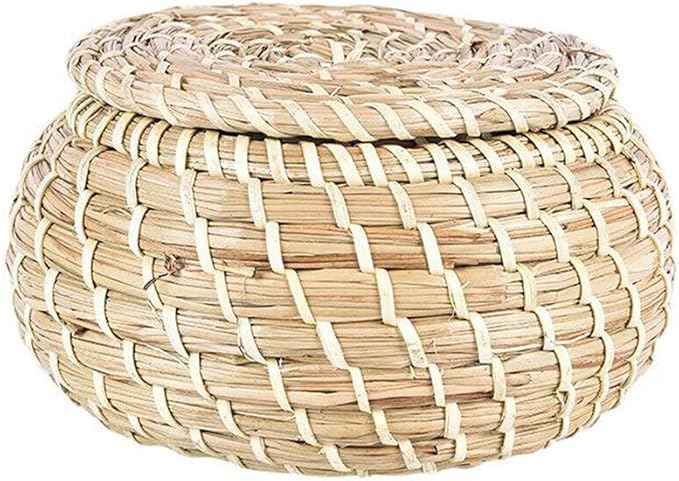 Set of 3 Seagrass Woven Round Wicker Basket Storage Bread Chip Snack Bowl - Braided Handwoven Natural Holder, weave seagrass container,Vintage Jar Bathroom Kitchen Storage