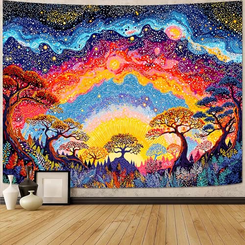 Spenlife Nebula Sunrise Forest Wall Tapestry, Trippy Colorful Sky Tapestries for Bedroom Decor, Dreamlike Tapestry 90x70 Inch - color: Blue, size: 90"L x 70"W