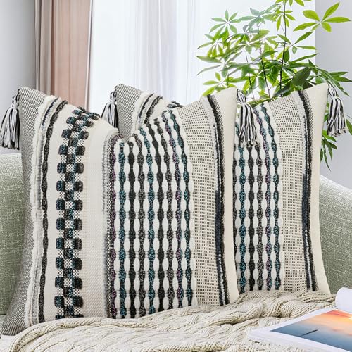 AmHoo Set of 2 Chenille Striped Textured Boho Throw Pillow Covers Aesthetic with Tassels Woven Decorative Pillow Case for Couch Bed Sofa Bedroom Modern Funky 18 x 18-Inch Black Multicolor - color: Black Multicolor, size: 18" x 18" (Pack of 2)