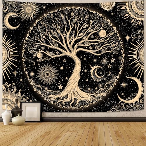 Spenlife Tree of Life Tapestry Sun and Moon Tree Wall Tapestry, Vintage Tapestries for Bedroom Mandala Tapestries Wall Hanging for Bedroom Living Room Decor Tree-1 44"x60" - color: Dark Green, size: 60"L x 44"W