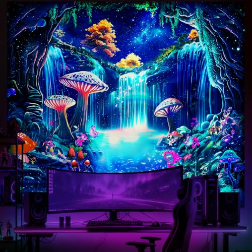 Alened Blacklight Fantasy UV Reactive Waterfall Mushroom Decor for Bedroom, Galaxy Neon Butterfly Tapestries, nature forest tapestry Wall (51'' x 60'') - color: blacklight tapestry, size: 60"L x 51"W
