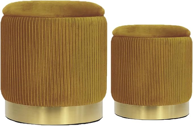 Round Ottoman with Storage Set of 2 Upholstered Velvet Vanity Stool for Living Room Storage Ottomans Multifunctional Foot Rest (Yellow with Bottom Gold)