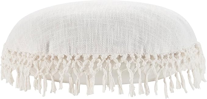 Indigo Ink - Decorative Throw Pillows for Couch or Bed, Boho Home Décor Round Cotton 20" x 20" Pillow with Tassels (Tufted Medallion Collection, Bright White)
