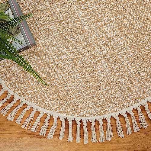 Collive Hand Woven Round Area Rug Soft Cotton Machine Washable Carpet 4ft Farmhouse Rugs with Tassels, Tan/Cream Circle Rugs for Bedroom Living Room Dining Room Table Office - color: Tan/Cream, size: 4' (Round)