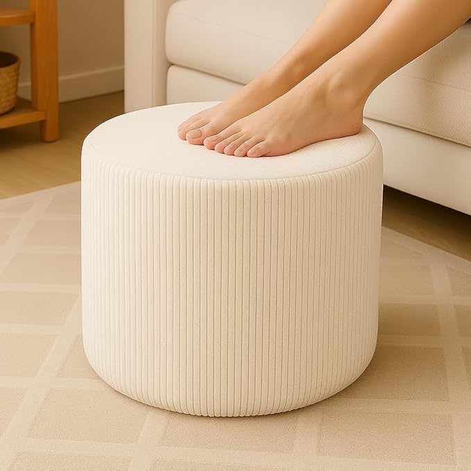 Round Pouf Ottoman and Foot Rest, Soft Corduroy Poufs with Foam Filling, Comfort Sponge Stuffed Poofs for Couch Desk Resting Your Feet, White