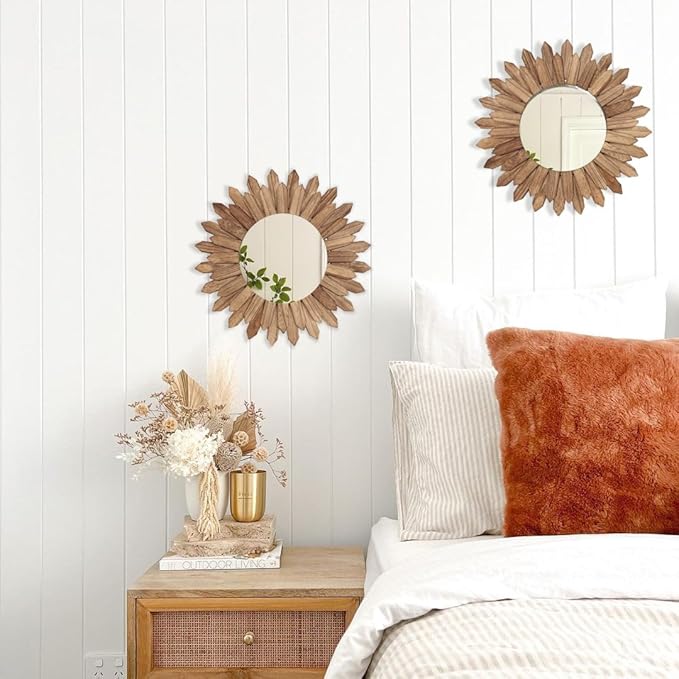 LOSOUR 2 Pack Boho Wall Decor Sunburst Mirror 12 inch Rustic Round Wood Mirror Boho Mirror Farmhouse Wall Decor for Bedroom Living Room Entryway