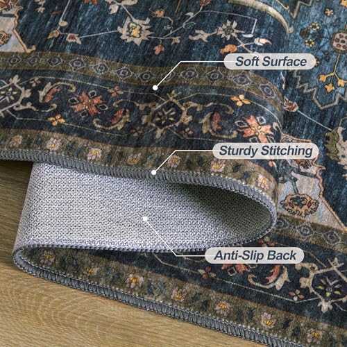 Tangsoo Dark Blue 2x3 Washable Rugs for Entryway, Vintage Non Slip Small Area Rug Carpet, Oriental Indoor Front Door Rug, Door Mat Indoor Entrance Soft Low Pile Throw Rugs for Entry Kitchen Bedroom - color: Dark Blue/Golden, size: 2' X 3' (Rectangular)