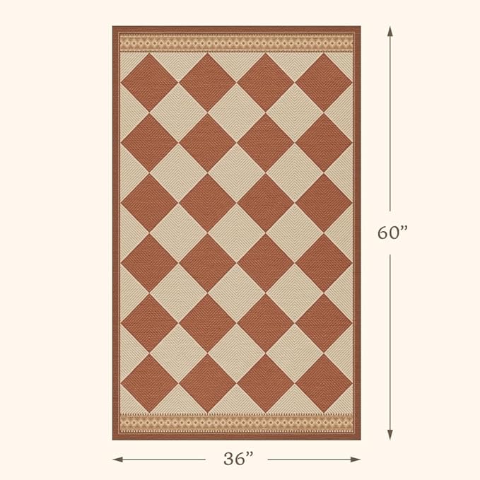 Terracotta Beige Diamond Checkered 3x5 Entryway Rug, Boho Easy Jute Indoor Outdoor Rug, Modern Farmhouse Washable Non Slip Porch Patio Rug for Kitchen, Balcony, Bedroom, Laundry Room, Mudroom