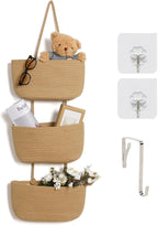 ANTIS'S HOME Over The Door Organizer Hanging Basket, 3-Tier Woven Cotton Wall-Mounted Nursery Storage Organizer Bag Boho Decorative Hanging Nursery Baskets for Living Room Bedroom - Honey