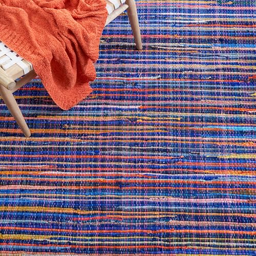SAFAVIEH Rag Rug Collection Accent Rug - 3' x 5', Blue & Multi, Handmade Boho Stripe Cotton, Ideal for High Traffic Areas in Entryway, Living Room, Bedroom (RAR240B)