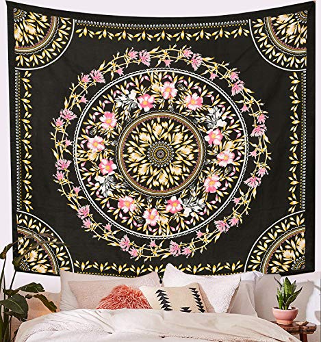 ANJANIYA Floral Wall Hanging - Indian Mandala Tapestry for Dorm Decor - Psychedelic Hippie Boho Art (Black, 30"X40") - color: Black, size: 40"L x 30"W
