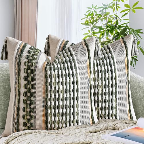 AmHoo Set of 2 Chenille Striped Textured Boho Throw Pillow Covers Aesthetic with Tassels Woven Decorative Pillow Case for Couch Bed Sofa Bedroom Modern Funky 18 x 18-Inch Sage Green - color: Sage Green, size: 18" x 18" (Pack of 2)