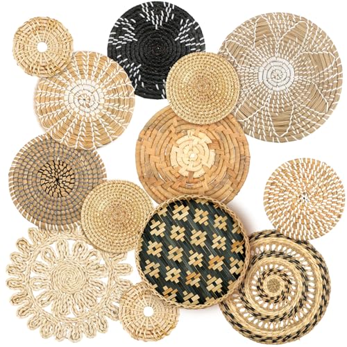 Glenmal Set of 13 Boho Wall Basket Decor Woven Rattan Flat Baskets Handmade Boho Wicker Bamboo Seagrass Wall Hanging Decor for Bedroom Living Room Dining Room Office Ready to Hang(Retro) - style: Retro