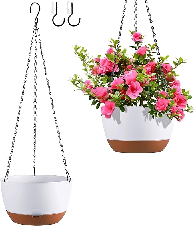 Set of 2 Hanging Planters for Indoor Outdoor Plants, 10 Inch Self-Watering Hanging Flower Pots with Drainage Hole & Removable Water-Storage Tray (Hooks)