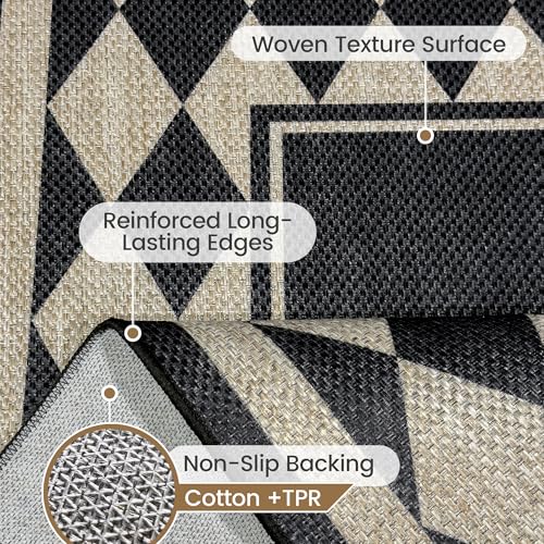 Washable Checkered Easy Jute Rug 8x10, Black Checkerboard Geometric Modern Outdoor Indoor Patio Large Bordered Rug, Woven Thin Carpet for Living Dining Play Room Bedroom Classroom Kids Nursery - color: Checkerboard -2 Black / Nature, size: 8' x 10'