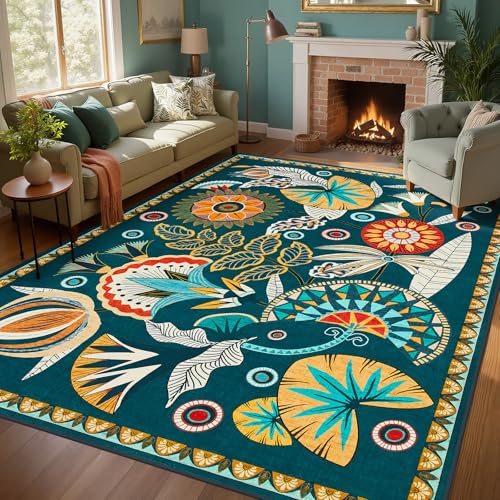 Joydeco Egypt Floral Washable Living Room Rugs 9x12, Dark Green Large Boho Bedroom Dining Room Rug Non Slip, Vintage Low Plie Indoor Throw Rug for Dining Room Nursery Dorm Classroom - color: Dark Green, size: 8'11" x 12' (Rectangular)